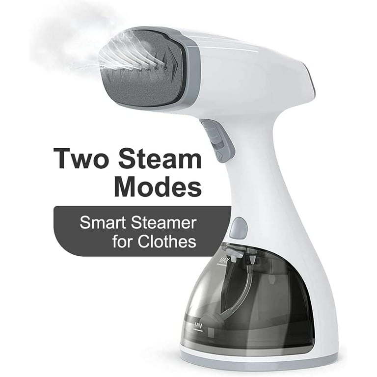 A Homuserr handheld garment steamer emitting steam, labeled as "two steam modes, LCD smart garment steamer.