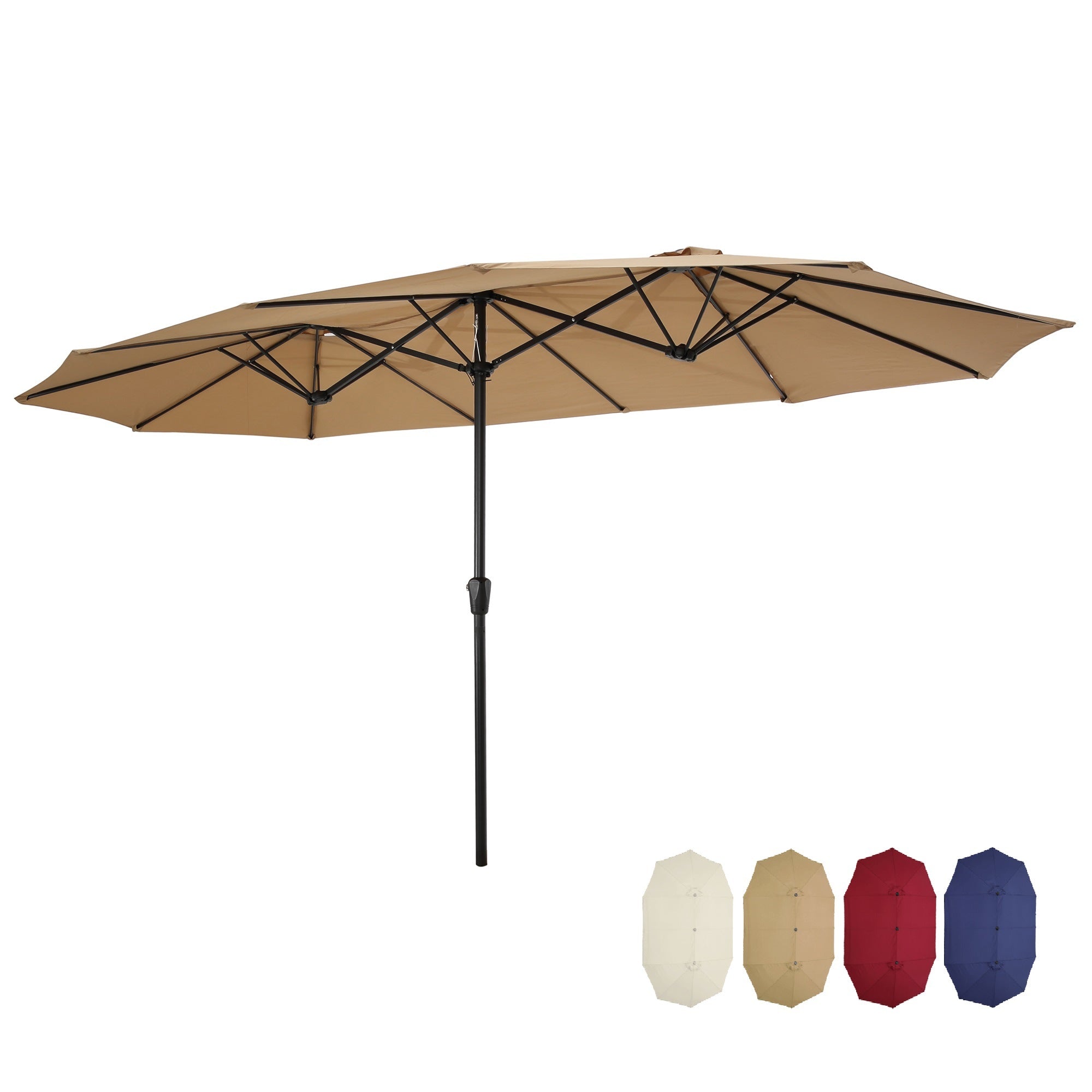 A 15x9ft Large Double-Sided Rectangular Outdoor Twin Patio Market Umbrella w/Crank- taupe on a white background.
