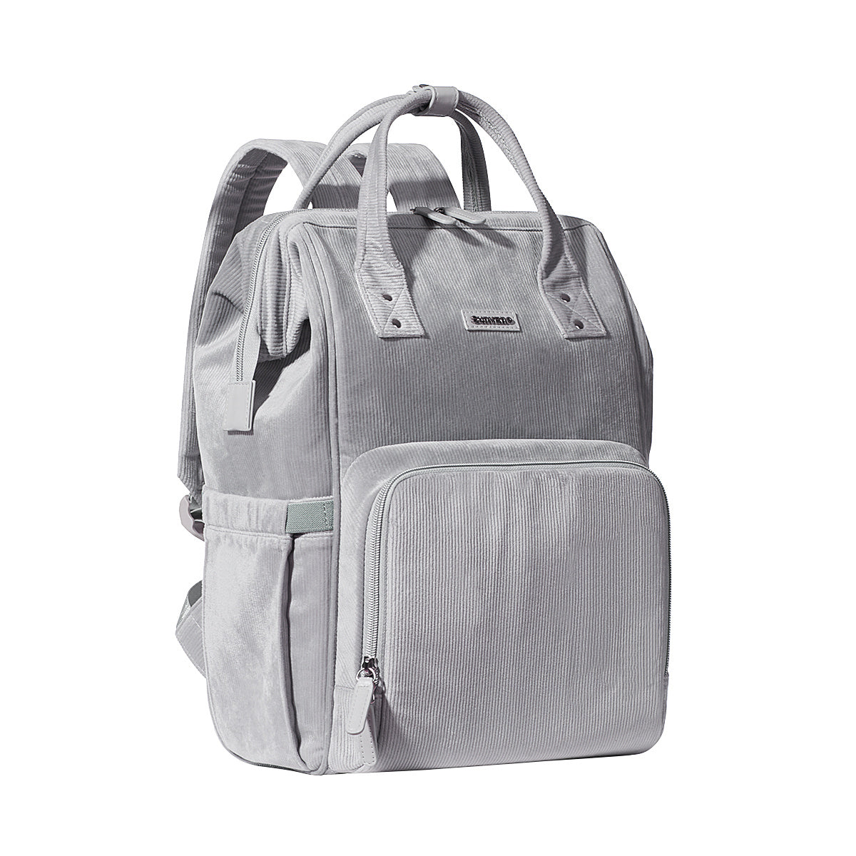 A gray SUNVENO Velvet Stitching Diaper Bag Backpack Large Capacity Tote Shoulder Nappy Bag Organizer for Baby Care with Insulated Pockets, Waterproof Fabric with dual top handles, padded shoulder straps, a front zippered pocket, and side pockets. The bag has a rectangular shape with a textured fabric finish and multi-pockets large capacity, making it perfect as a travel mom bag or diaper backpack.