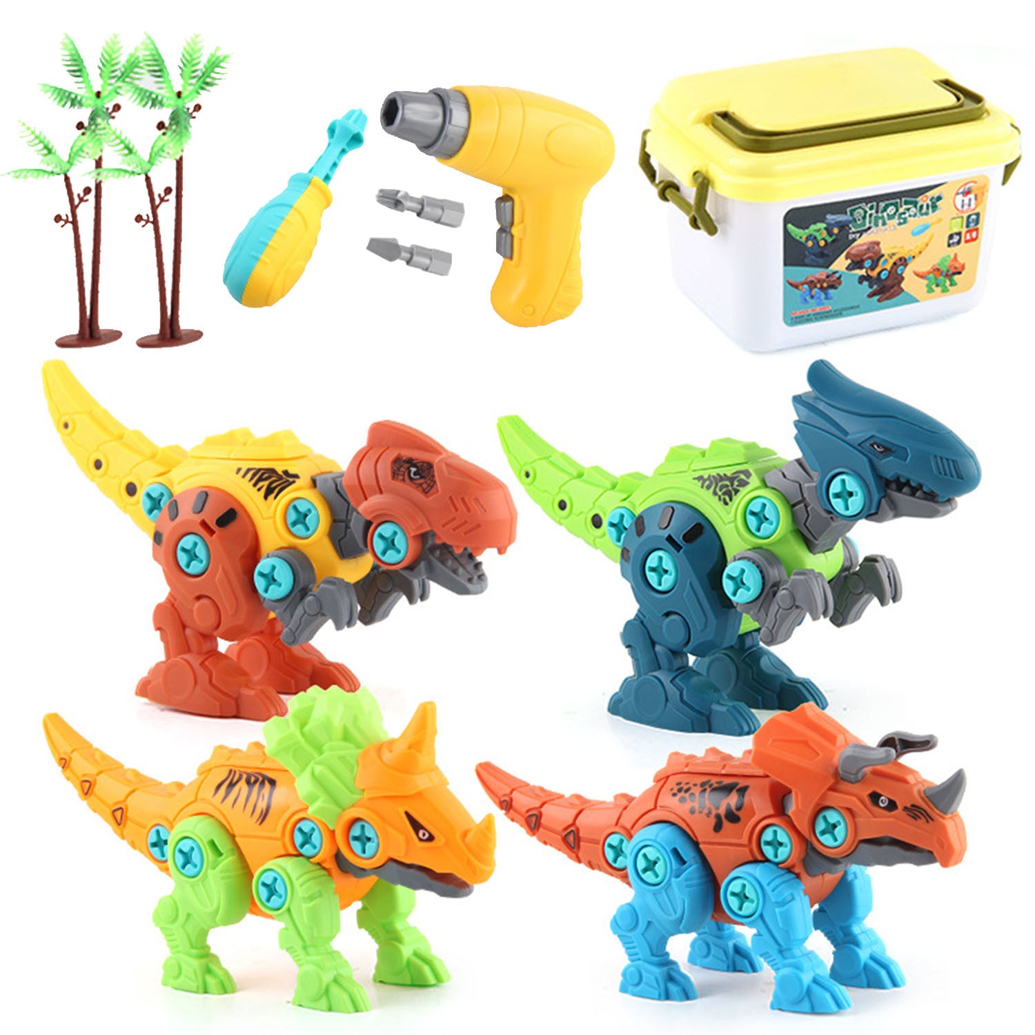 A set of Take Apart Dinosaur Toys DIY Dinosaur Construction Building Block Assembly Toys with Electric Drill for Kids 3 to 7 Year Old with safe materials.