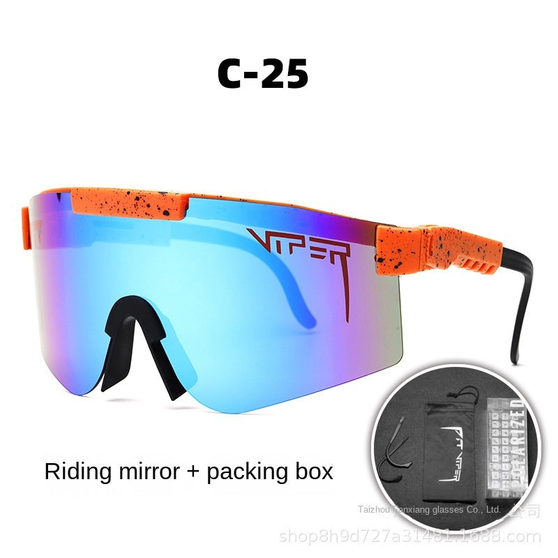 A pair of Pits Viper Riding Glasses Outdoor Sports Sunglasses for men, featuring "VIPER" branding on the lens and frame, with a red and white pattern on the arms. Designed for outdoor sports, they offer UV400 protection and come labeled "C-21," including a riding mirror and packing box.