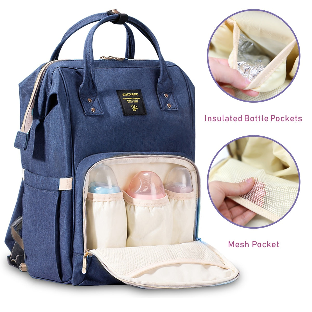 This Sunveno Original Diaper Bag Travel Baby Bags Navy Blue Mommy Backpack Organizer Nappy Maternity Bag Mother Kids, with gold zippers, features an external USB charging port connected to a smartphone for convenient on-the-go charging. Perfect for those who value both style and functionality in their accessories.