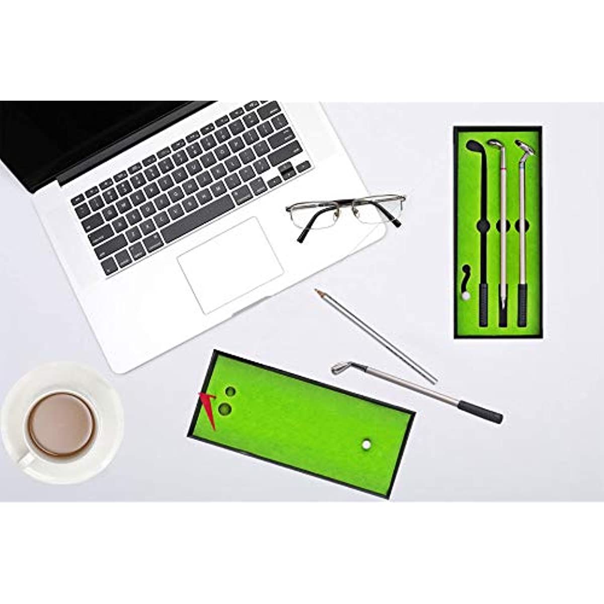 Miniature Golf Pen Gifts for Men Women Unique Christmas Stocking Stuffers; Dad Boss Coworkers Him Boyfriend Golfers Funny Birthday Gifts; Mini Desktop Games Fun Fidget Toys Cool Office Gadgets Desk Decor with various clubs and balls displayed in two green, lined boxes, one with multiple clubs and the other featuring a single club and two holes – a unique novelty gift for any golf enthusiast