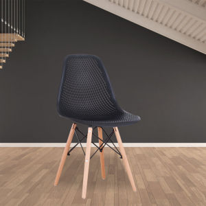 The Set of 4 Modern Style Dining Chairs are mid-century modern side chairs with a black plastic shell lounge design, wooden walnut legs, and metal supports, perfect for your kitchen, dining room, bedroom, or living room.