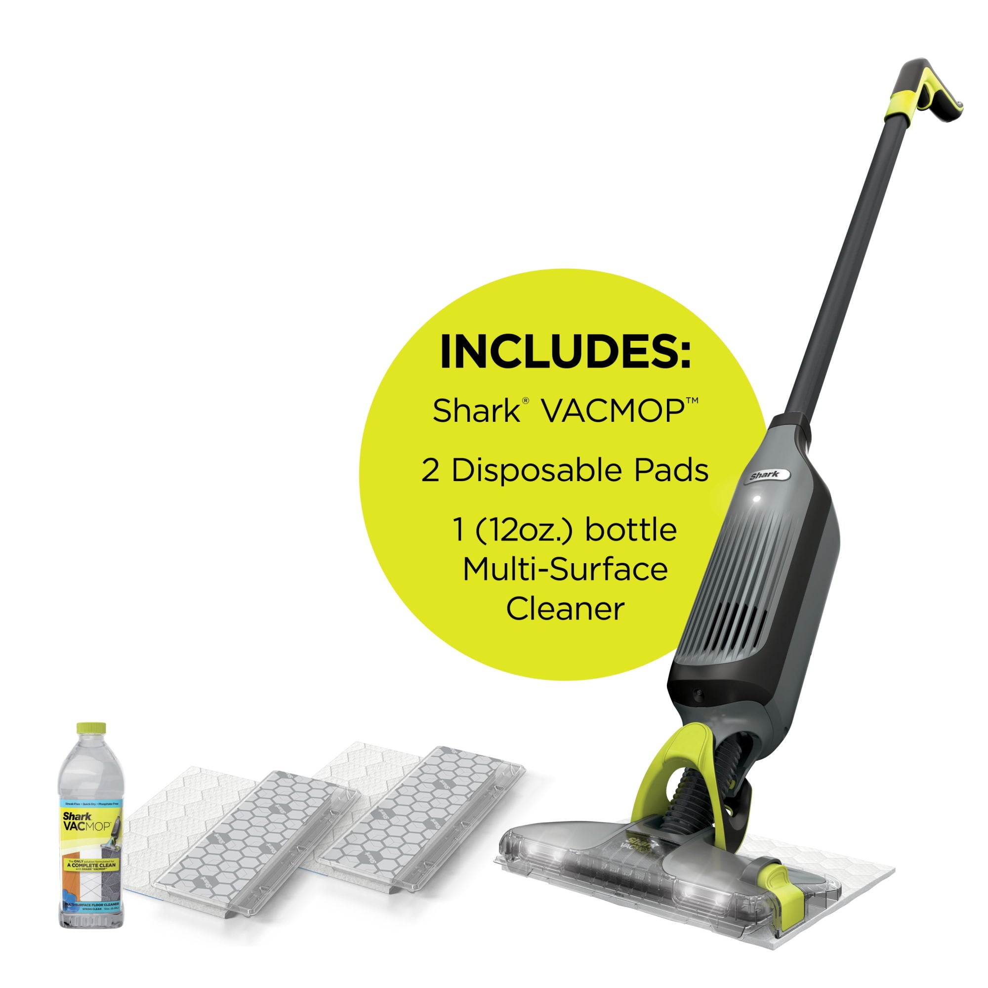 Shark VACMOP Cordless Hard Floor Vacuum Mop with Disposable VACMOP Pad, VM250 with included multi-surface cleaner and disposable pads.