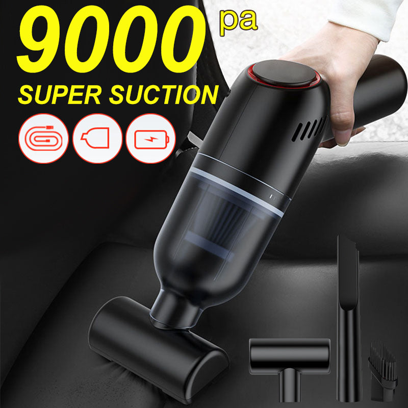 A 9000Pa Wireless Car Vacuum Cleaner Cordless Handheld Auto Vacuum Mini Gun style Portable USB Cleaner Home Car Dual Cleaner Tools with attachments displayed against a gray background, emphasized by the text "9000pa large suction.