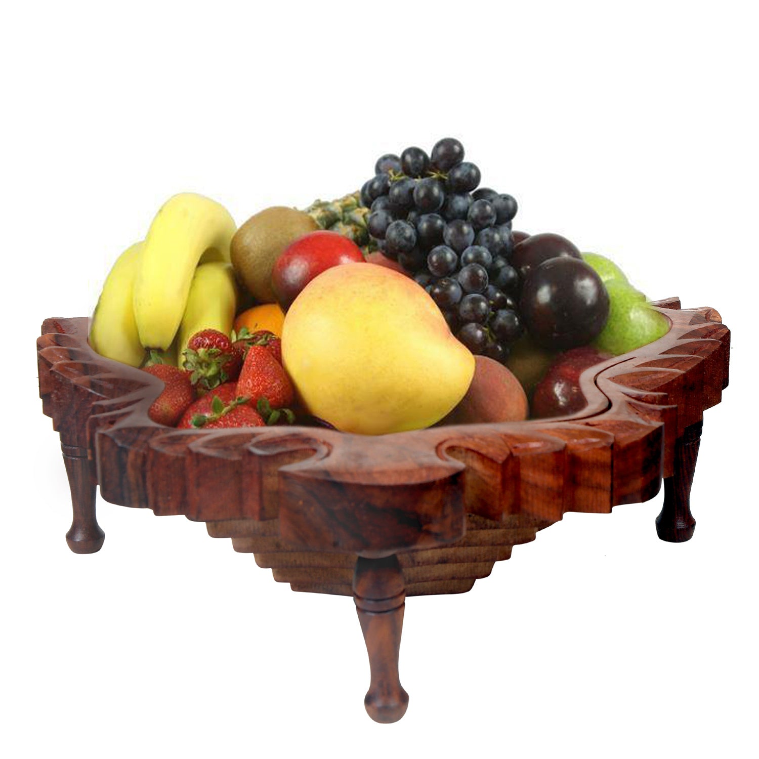 A Wooden Handmade Collapsible Foldable Fruit Basket Serving Bowl with a leaf-shaped design, crafted from Sheesham wood.