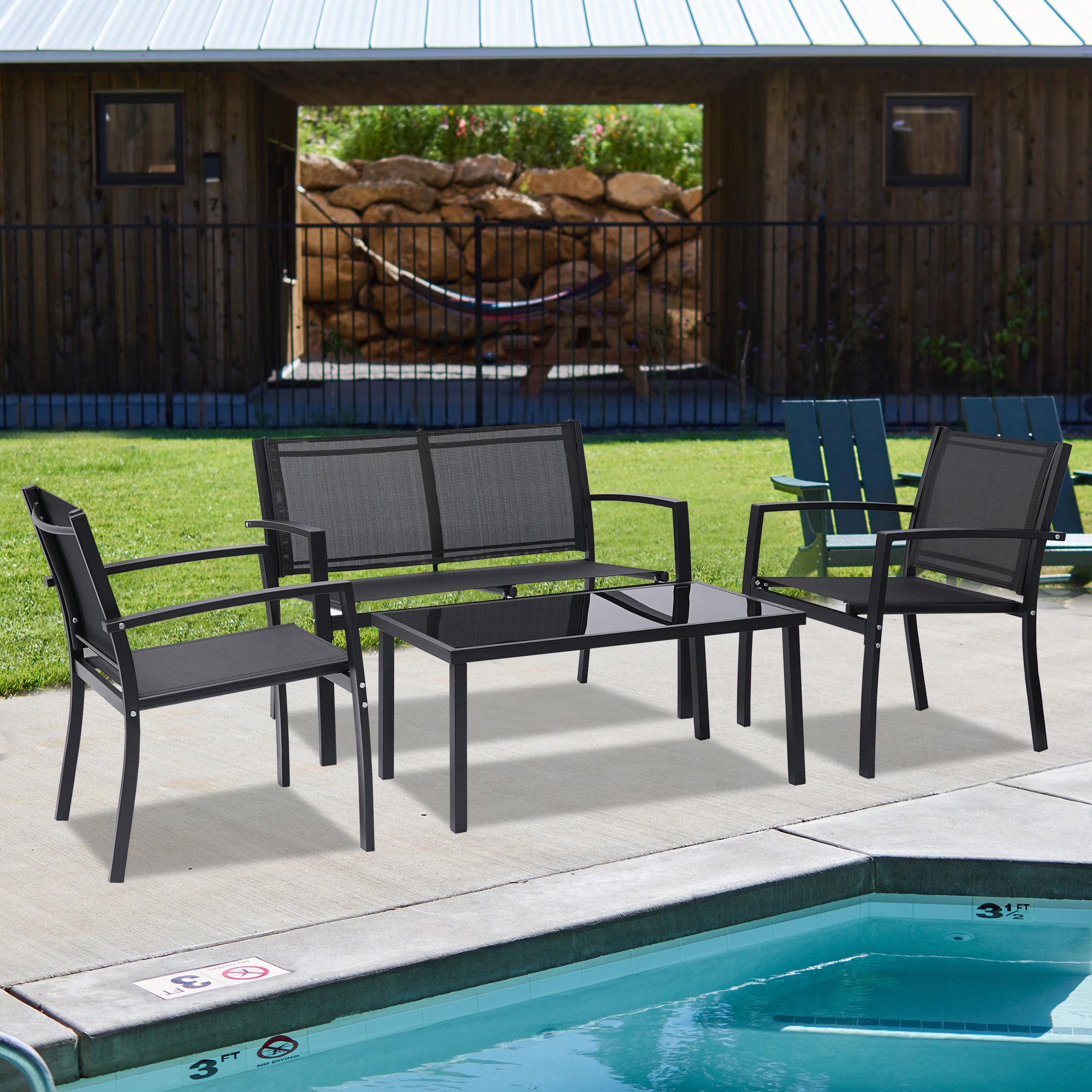 A 4 Pieces Patio Furniture Set Outdoor Garden Patio Conversation Sets Poolside Lawn Chairs with Glass Coffee Table Porch Furniture (Black) with a view of the ocean.