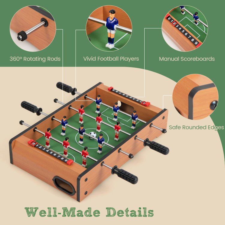 A portable and convenient 20 Inch Indoor Competition Game Soccer Table with balls and a box.