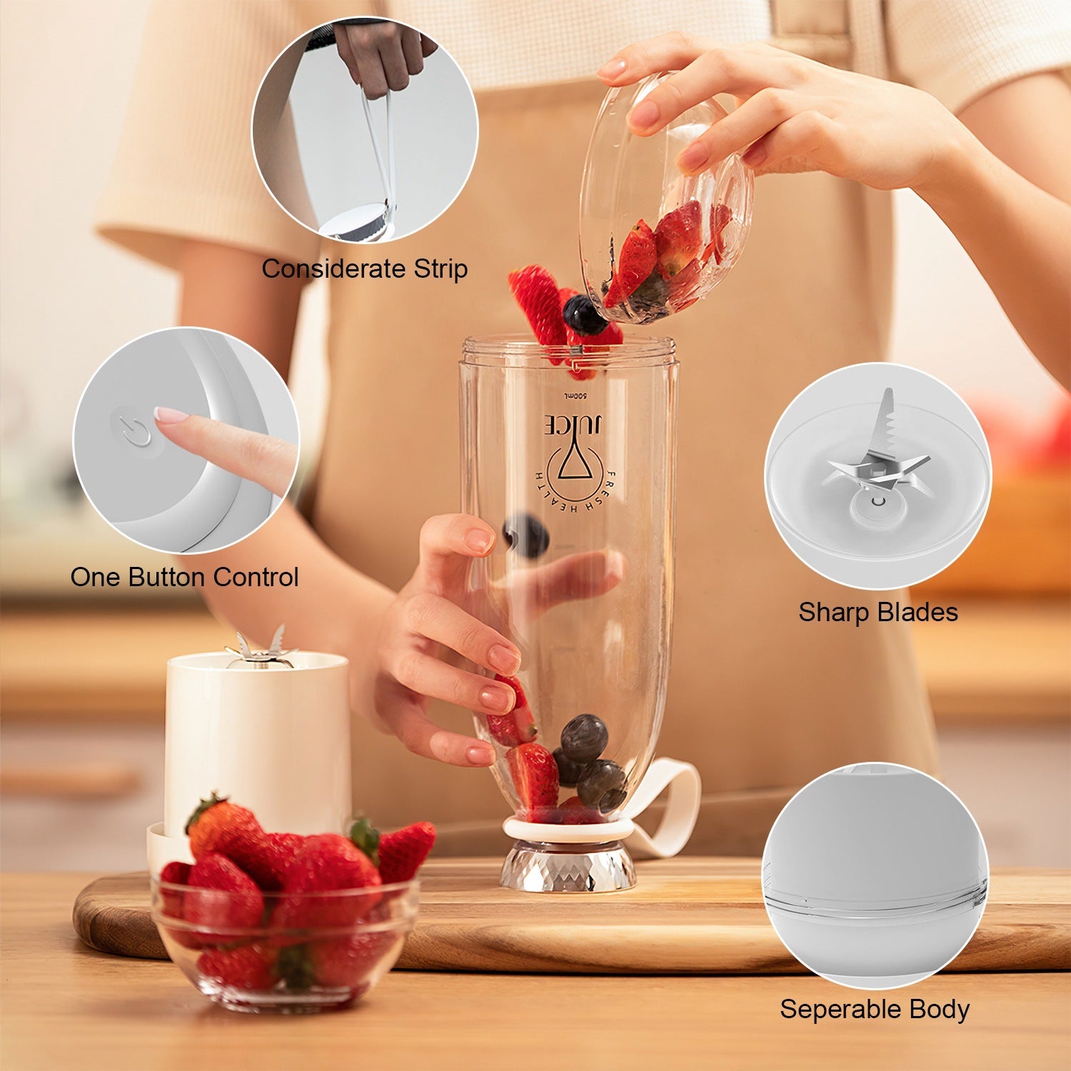 A portable glass water bottle with a USB charger and 16.9OZ Portable Fruit Blender Electric Rechargeable Juice Cup for Shakes Smoothies Juice Personal Fruit Mixer with 6 Blades capacity.