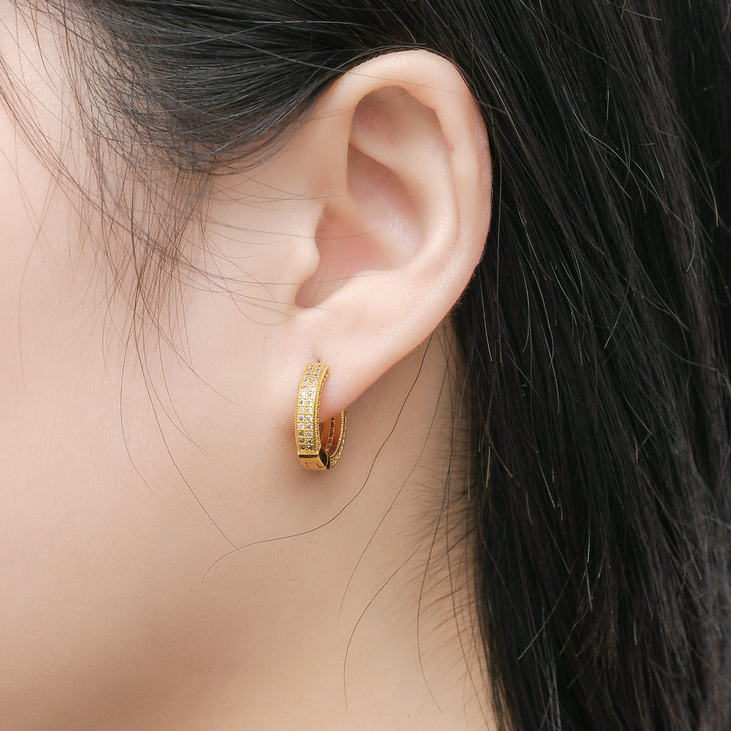 Close-up of a woman's ear wearing a Hoop Earrings Micro Encrusted Zircon Stud Earrings Bling Hip Hop Earrings For Men And Women.