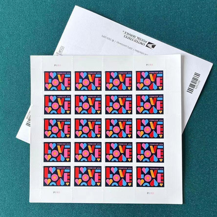 A sheet of Love Wedding 2021 - 5 Sheets / 100 Pcs themed postage stamps on a teal background, accompanied by its envelope from the United States Postal Service.