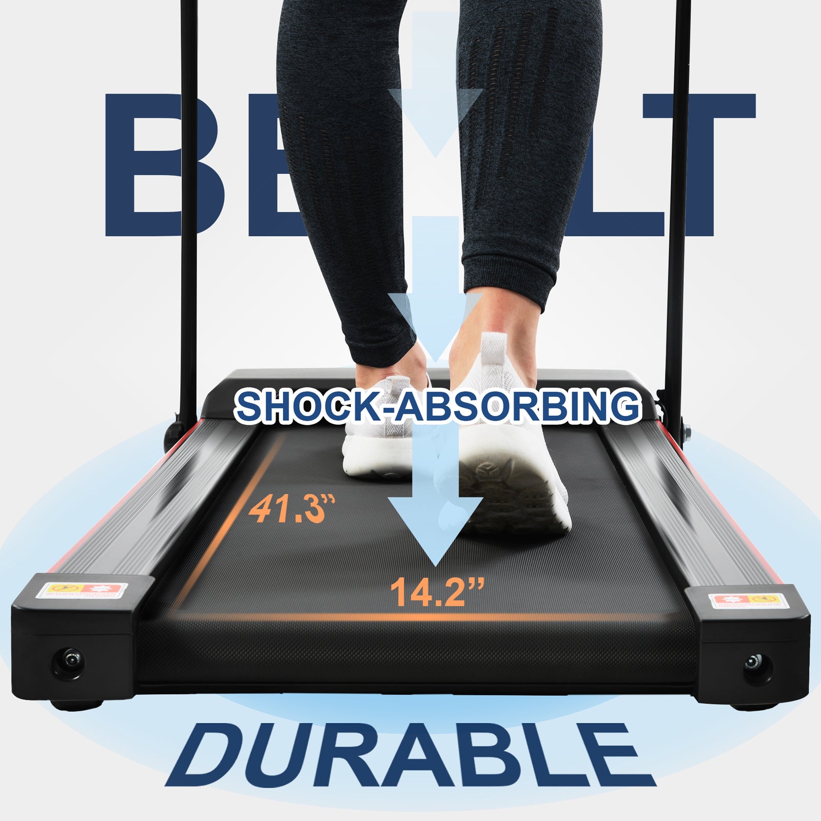 A woman standing next to a Folding Treadmill for Home Portable Electric Motorized Treadmill Running Exercise Machine Compact Treadmill for Home Gym Fitness Workout Jogging Walking.