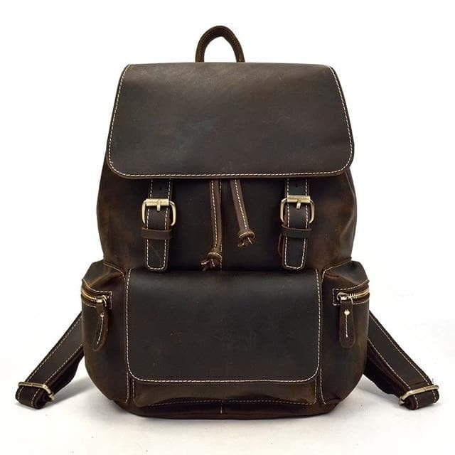The Hagen Backpack, a vintage leather backpack, on a white background with dimensions.