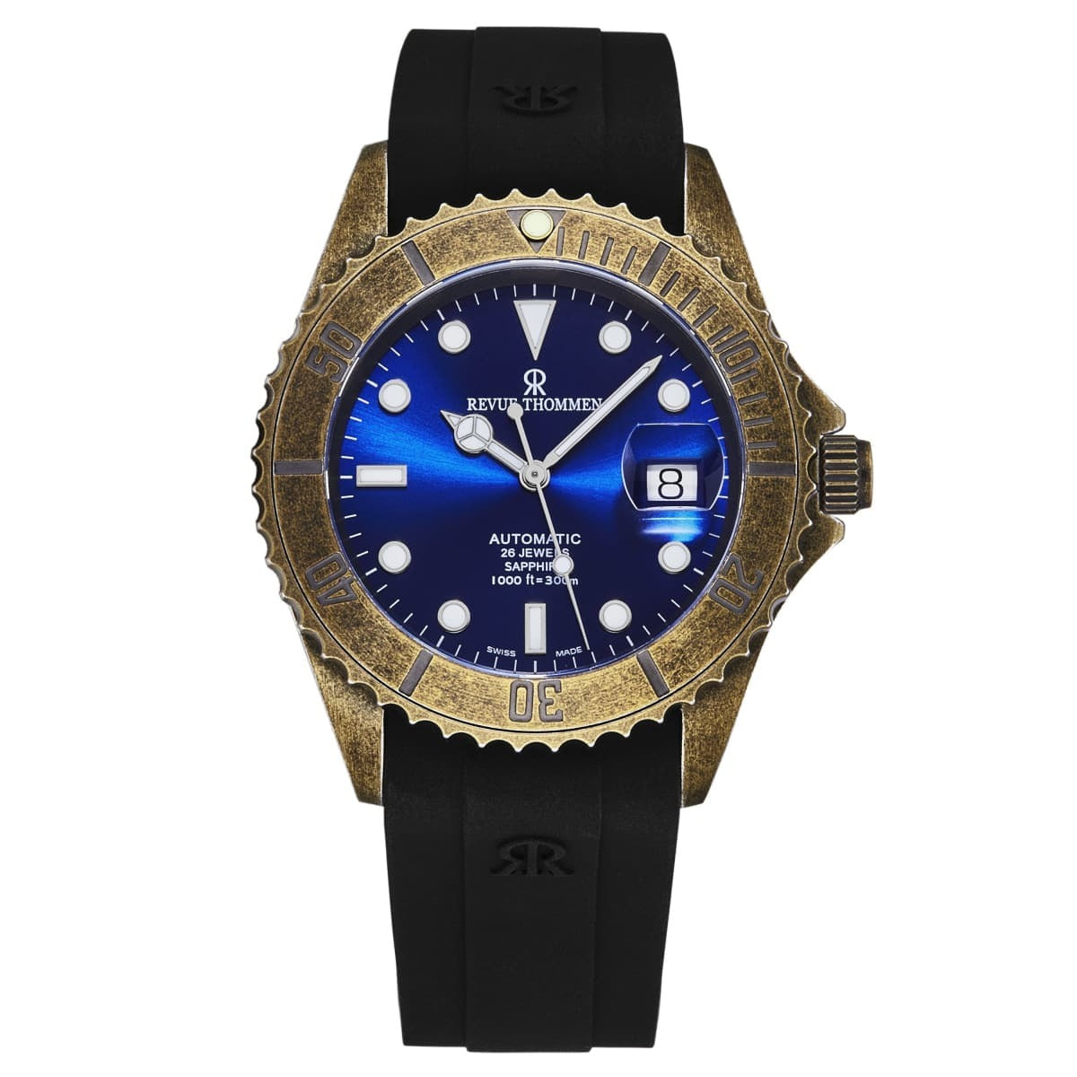 An Revue Thommen Men's 'Diver' Blue Dial Black Rubber Gunmetal Automatic Watch 17571.2885 with a blue dial and black strap.