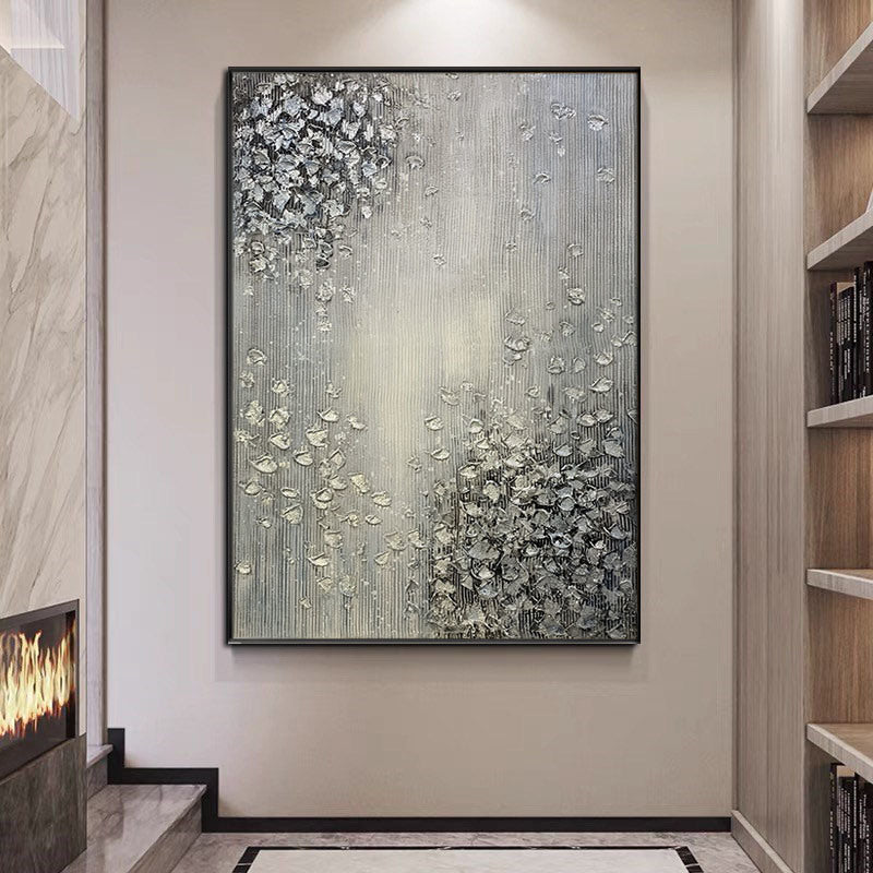 Hand Painted Abstract Oil Painting White Texture On Canvas Abstract Wall Art Picture Living Room Bedroom Wall Decor Unframed, displayed in a sleek home interior with a view of a staircase.