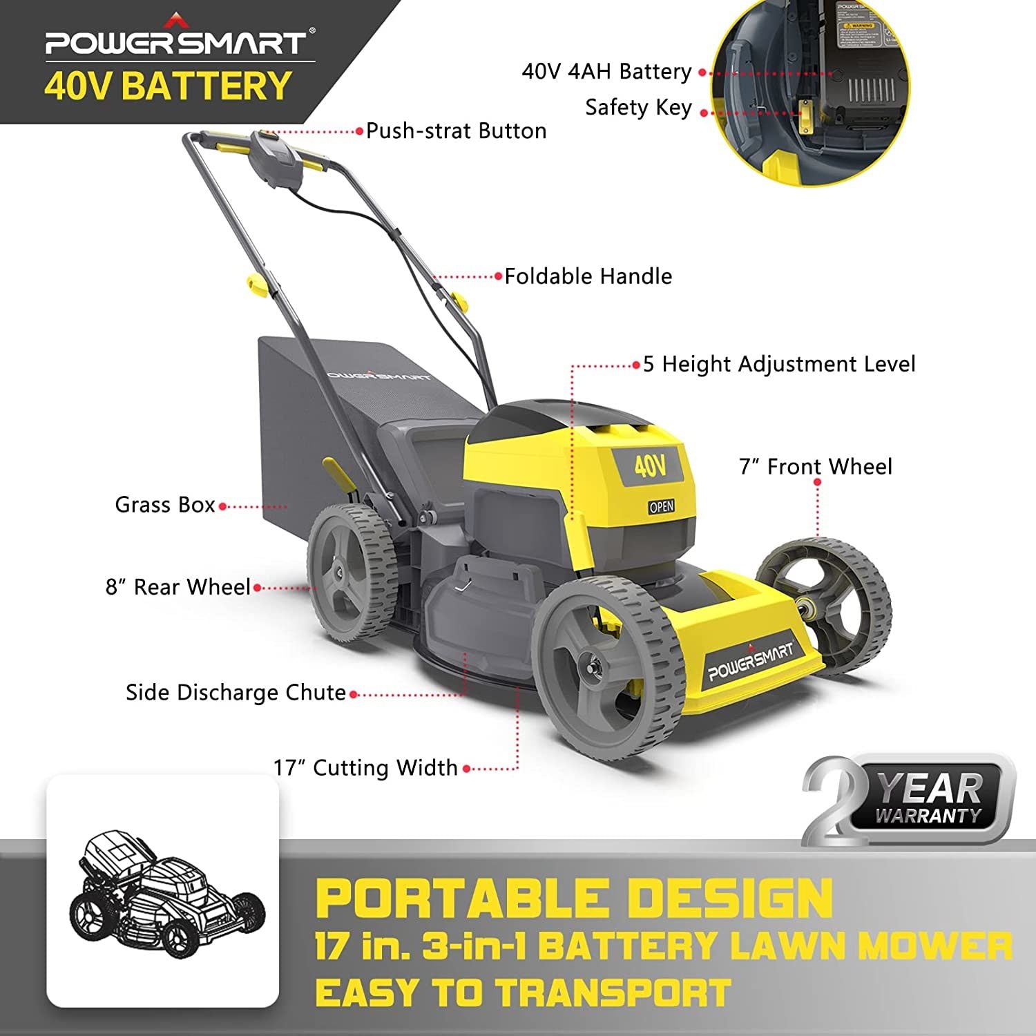 A Cordless Electric Lawn Mower F4017 Yellow with a yellow and black design, featuring a lithium battery and a detached charger.