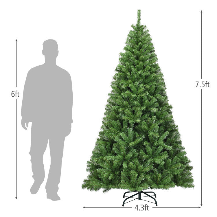 An eye-catching man is standing next to a 6/7.5/9ft Premium Artificial Hinged PVC Christmas Tree with Metal Stand.