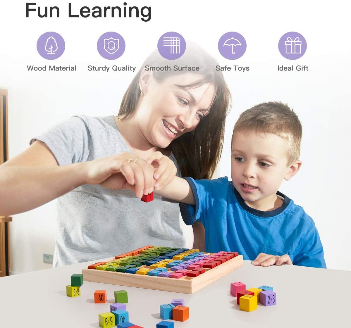 An educational toy with the Wooden Multiplication & Math Table Board Game, Kids Montessori Preschool Learning Toys Gift for Toddlers Aged 3 Years Old and Up - 100 Counting Wooden Building Blocks.