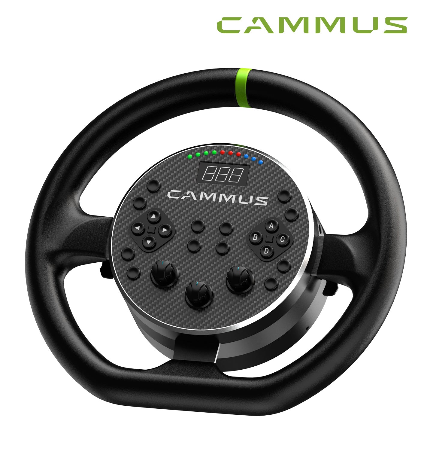 A CAMMUS C5 Direct Drive Base Racing Wheel For PC Games, featuring the word CAMMUS prominently displayed on its steering wheel.