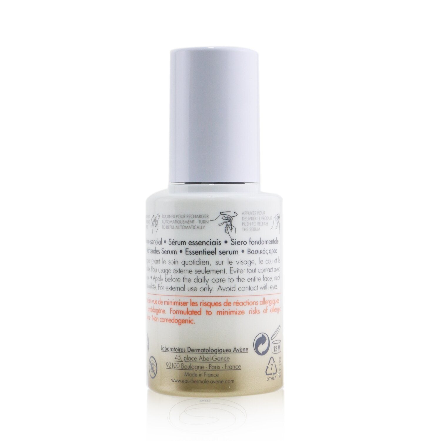 A bottle of Avène DermAbsolu SERUM Recontouring Serum, enriched with Vanilla Polyphenols, on a white background.