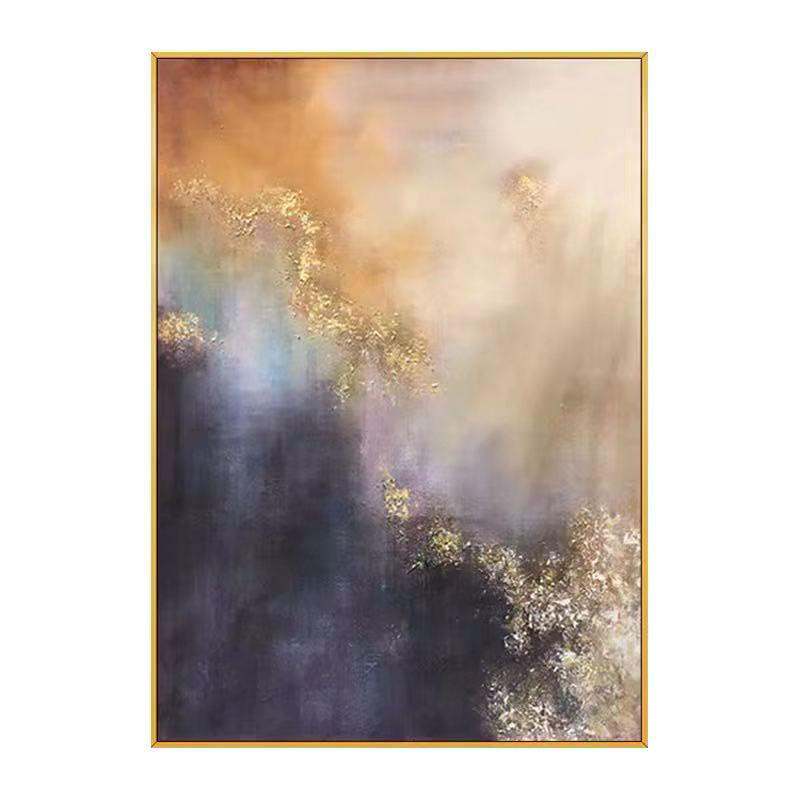 High Quality Golden Blue Black Abstract 100% Handmade Painting featuring a gradient of gold, beige, and deep blue with flecks of white, enclosed in a thin golden frame.