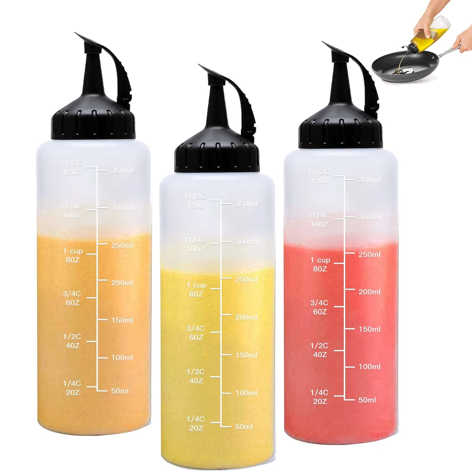 Three 3Pcs Plastic Squeeze Condiment Bottles 12oz with measurement markings, filled with vibrant orange, yellow, and pink liquids. A hand is shown pressing one bottle's dispenser.