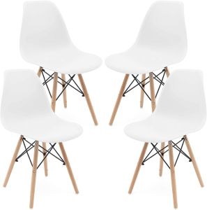 The Set of 4 Modern Style Dining Chairs are mid-century modern side chairs with a black plastic shell lounge design, wooden walnut legs, and metal supports, perfect for your kitchen, dining room, bedroom, or living room.