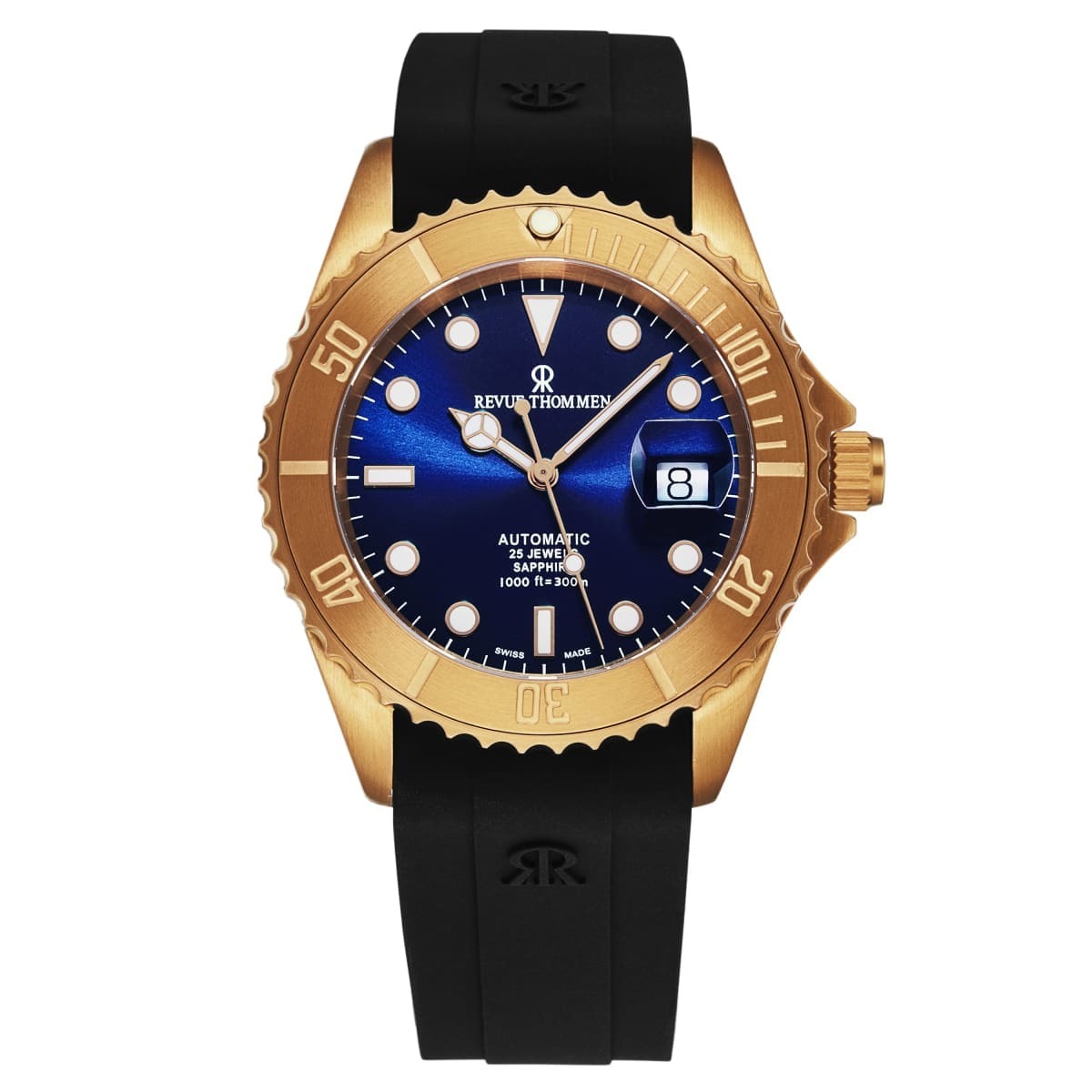 A Revue Thommen Men's 'Diver' Blue Dial Black Rubber Strap Bronze/Steel Automatic Watch 17571.2895 with a blue dial and black strap.