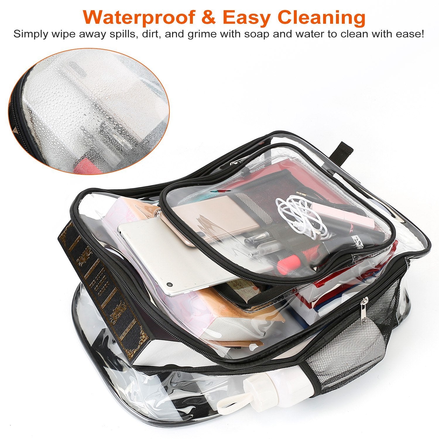 A Clear Backpack Heavy Duty Transparent Book Bag Waterproof PVC Clear Backpack 5.3Gal with Reinforced Strap with adjustable padded straps and spacious compartments, perfect for carrying a lot of items.