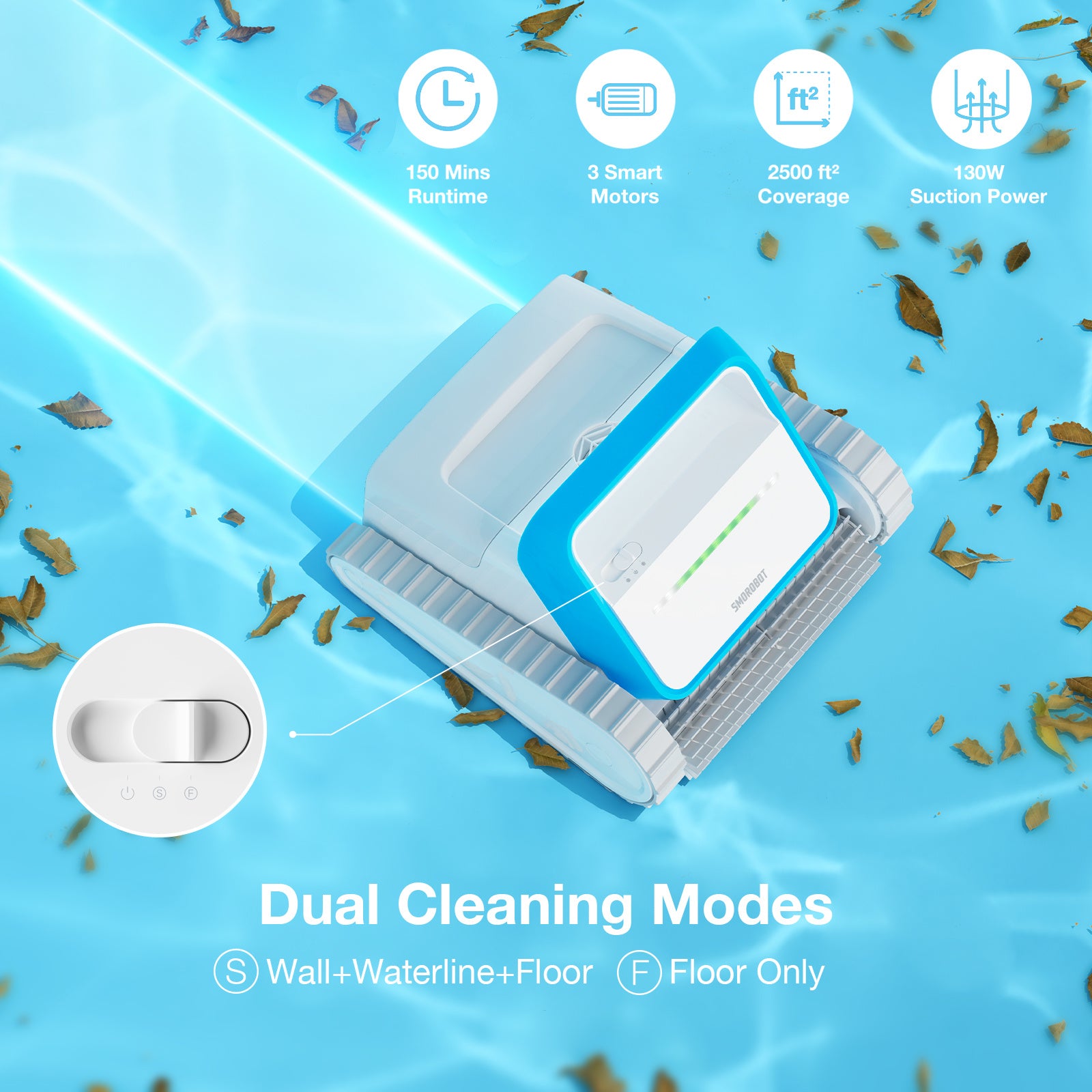 A compact, blue-and-white robotic pool cleaner with tank-like treads and a brush roller on its underside. The brand name "SMOROBOT Cordless Robotic Pool Cleaner – Automatic Wall Climbing Pool Vacuum Cleaner, Smart Navigation, Self-Parking, Lasts 150 Mins with 130W Suction Power, Ideal for In-Ground Pools up to 2500 ft²" is printed on its front. This wall climbing robot ensures every inch of your pool is spotless.