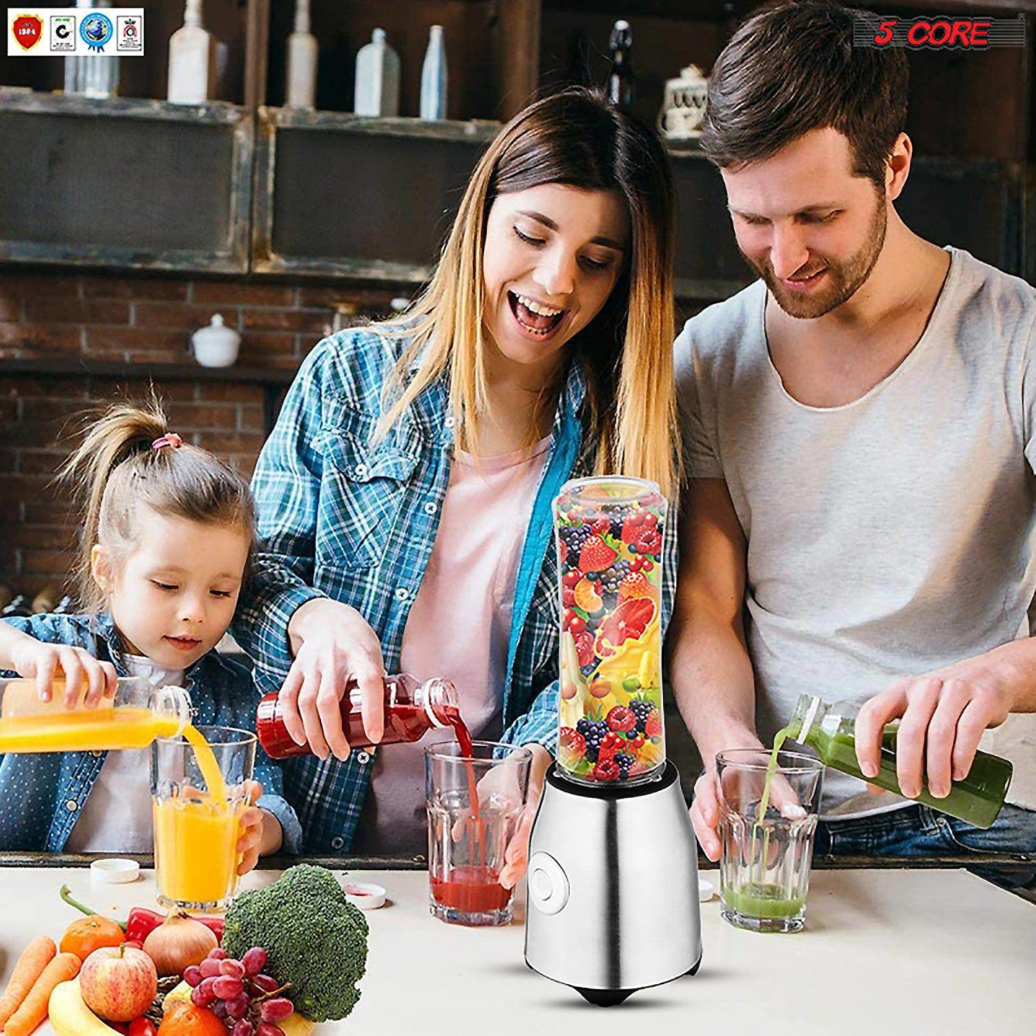 A powerful 5 Core 600ml Personal Blender for Shakes and Smoothies with fruits and vegetables next to it, providing one-touch blending capability.
