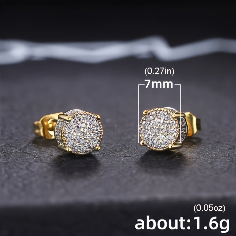 Details: A pair of Fancy Round Shaped Stud Earrings Paved Shiny CZ Stone Silver Color/Golden Everyday Fashion Versatile Ear Jewelry featuring a circular, diamond-encrusted design on a dark background.