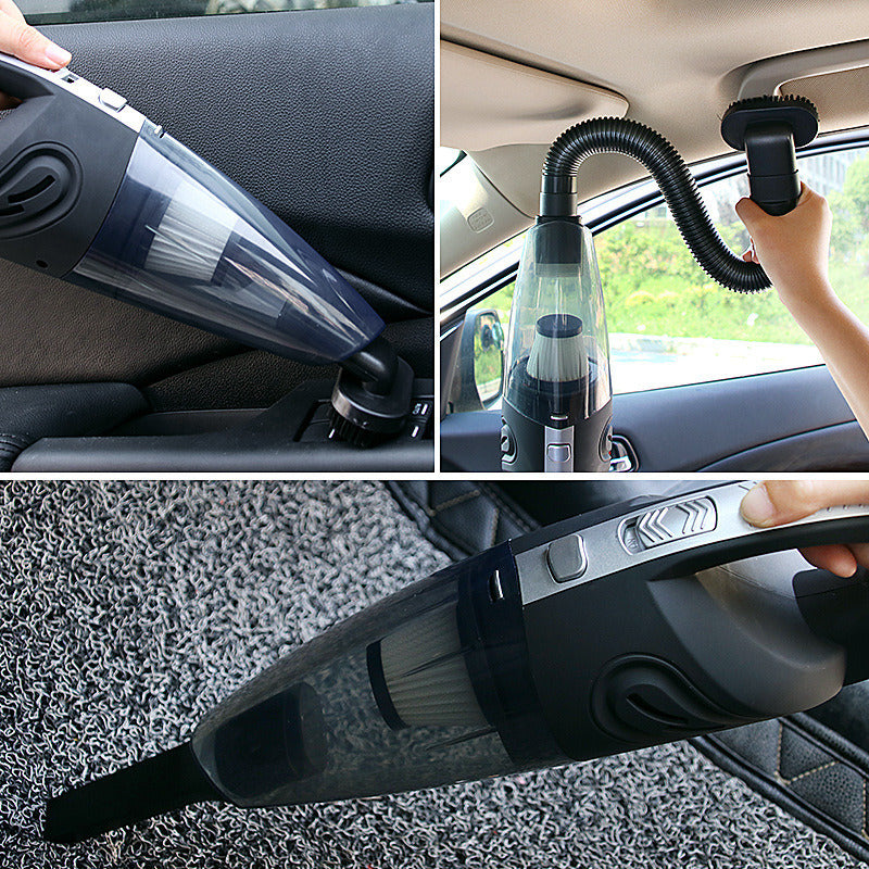 Car Handheld Vacuum Cleaner with various attachments and a charging cable, shown with water splash graphic to indicate wet and dry functionality.