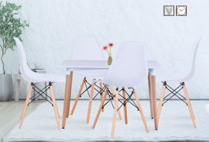 The Set of 4 Modern Style Dining Chairs are mid-century modern side chairs with a black plastic shell lounge design, wooden walnut legs, and metal supports, perfect for your kitchen, dining room, bedroom, or living room.