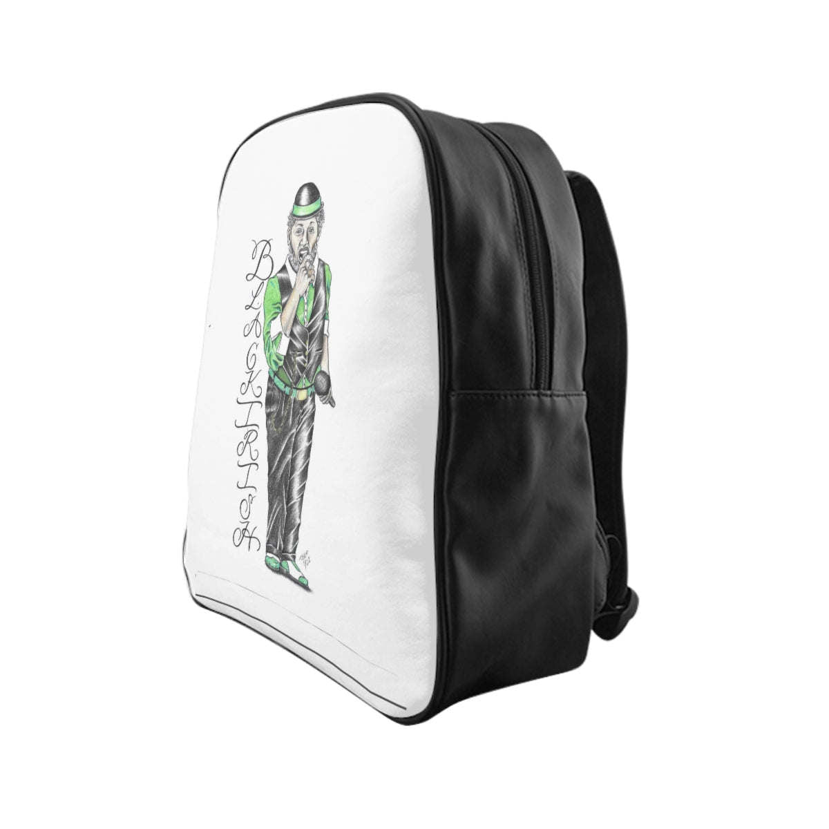 White and Black Irish Backpack 'St Patricks Day' featuring a quality print of a man in a green suit and hat holding a cane.