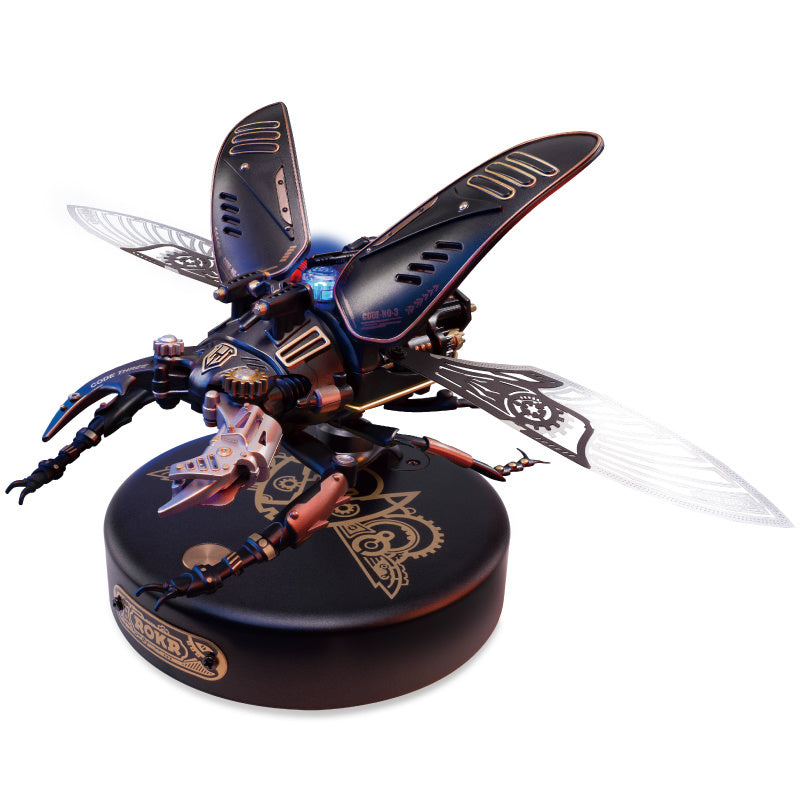 A detailed Robotime Rokr The Storm Beetle DIY Moveable Mechanic Organism with intricate designs and transparent wings on a black pedestal.