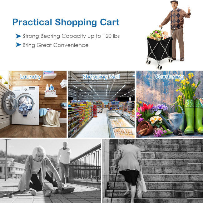 A Folding Shopping Utility Cart with Water-Resistant Removable Canvas Bag with a basket full of grocery.
