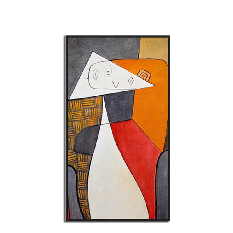 100% Handmade Abstract Oil Painting Wall Art Minimalist Modern Geometry Picture Canvas Home Decor For Living Room Bedroom No Frame featuring geometric shapes and a stylized figure in a palette of gray, orange, red, and yellow on a white canvas.