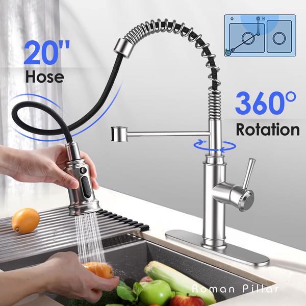 A Kitchen Faucet - Spring Kitchen Sink Faucet with 3 Modes Pull Down Sprayer; Single Handle&Deck Plate for 1or3 Holes; 360° Rotation; Spot Resist Stainless Steel No Lead for RV Bar Home with a sprayer and deck mount feature.