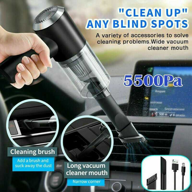 A Portable Car Vacuum Cleaner with strong suction and various attachments is demonstrated for cleaning a car's interior, highlighting its ability to clean blind spots.