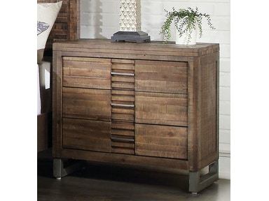 The Andria Nightstand in Reclaimed Oak YJ features metal legs and drawers, creating a transitional feel to your bedroom decor.