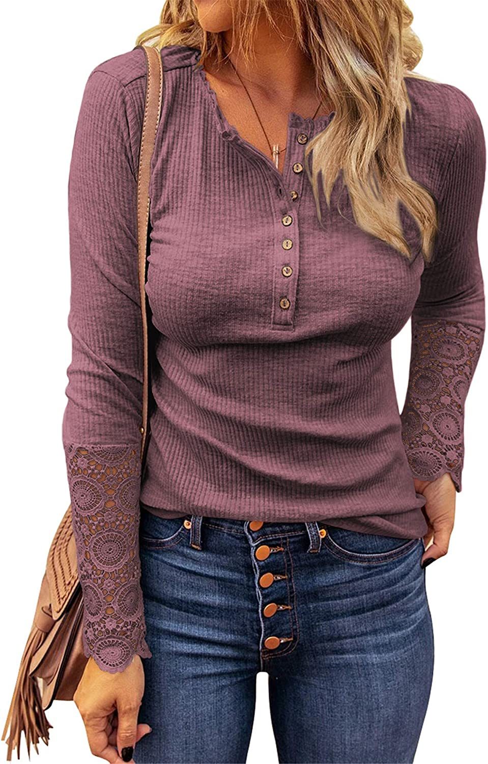 A person is wearing the Womens Ribbed Knit Henley Long Sleeves Tunic Lace Top with a V neck and button detail, paired with blue jeans—perfect for 2022 Fashion Fall Clothes. The person is carrying a brown bag with a tassel strap over their shoulder, embodying the VICHYIE Womens Fashion vibe.