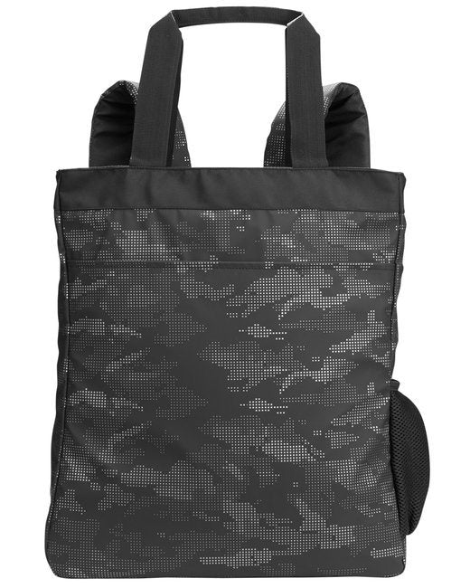 A Men's Reflective Convertible Backpack Tote - BLACK/ CARBON - OS with a camouflage pattern.