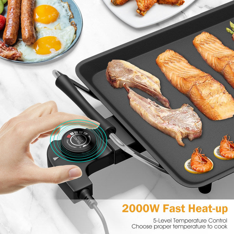 A 35 Inch Electric Griddle with Adjustable Temperature featuring a non-stick grill cooking surface and adjustable heat settings for a variety of food.