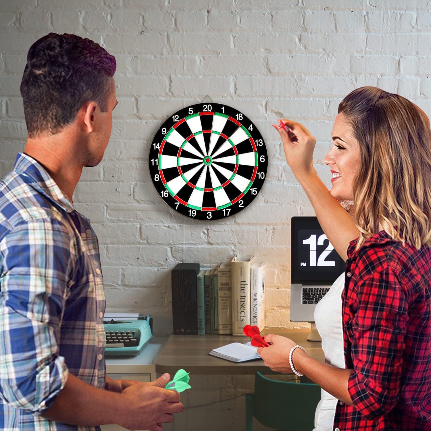 16in Dart Board Game Set 6 Steel Tip Darts Double-sided Dartboard Outdoor Indoor Party Game Set with six darts (three red, three green) embedded in various scoring areas, isolated on a white background.