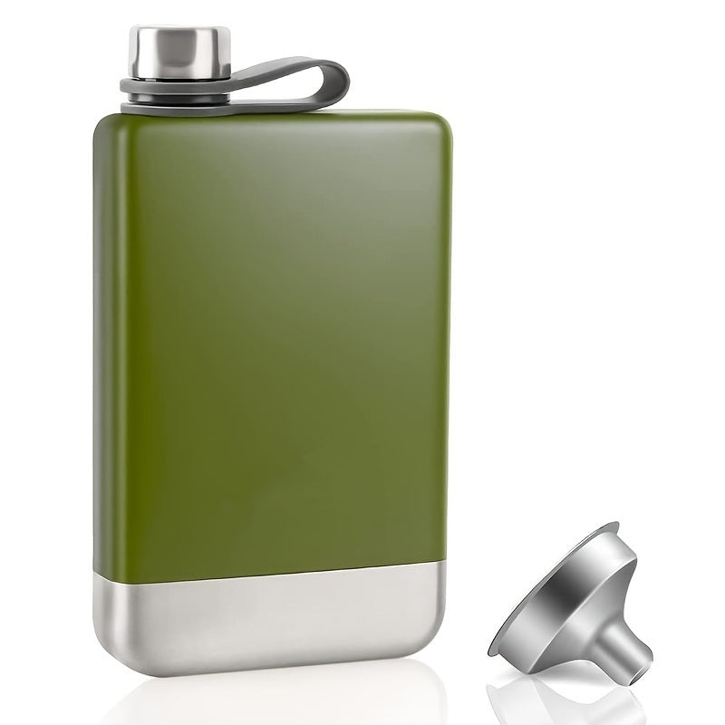 A black and stainless steel Hip Flask For Whiskey with an open cap, featuring a loop handle on a white background. Details are limited to the basic appearance and features of the product.