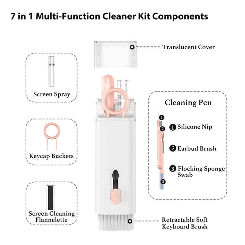 A hand holding a 7 In 1 Multifunctional Bluetooth Headset Cleaning Pen Set Keyboard Cleaner Cleaning Tools Cleaner Keycap Puller Kit with attachments for cleaning small devices such as laptops, showcased in use scenarios.