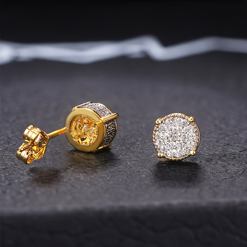 Details: A pair of Fancy Round Shaped Stud Earrings Paved Shiny CZ Stone Silver Color/Golden Everyday Fashion Versatile Ear Jewelry featuring a circular, diamond-encrusted design on a dark background.