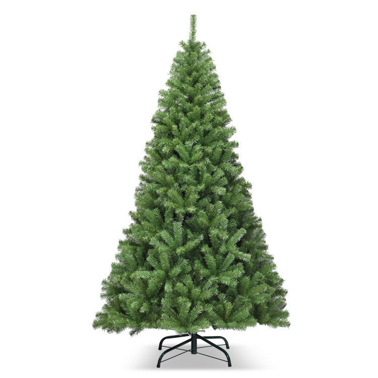 An eye-catching man is standing next to a 6/7.5/9ft Premium Artificial Hinged PVC Christmas Tree with Metal Stand.